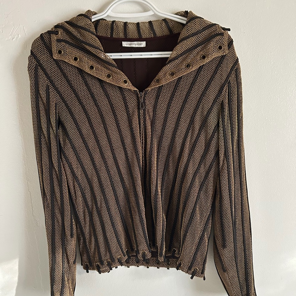 Alexandra Rosati Brown and Tan Gold Striped Mesh Knit Jacket
